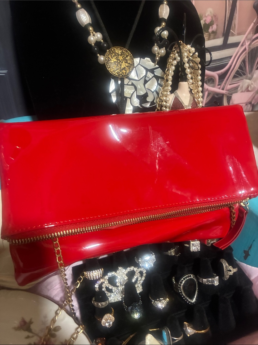 Red Patent Fold-Over Chain Clutch Handbag